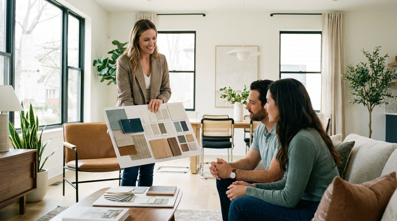 Designer sitting with homeowners and presenting material and color samples