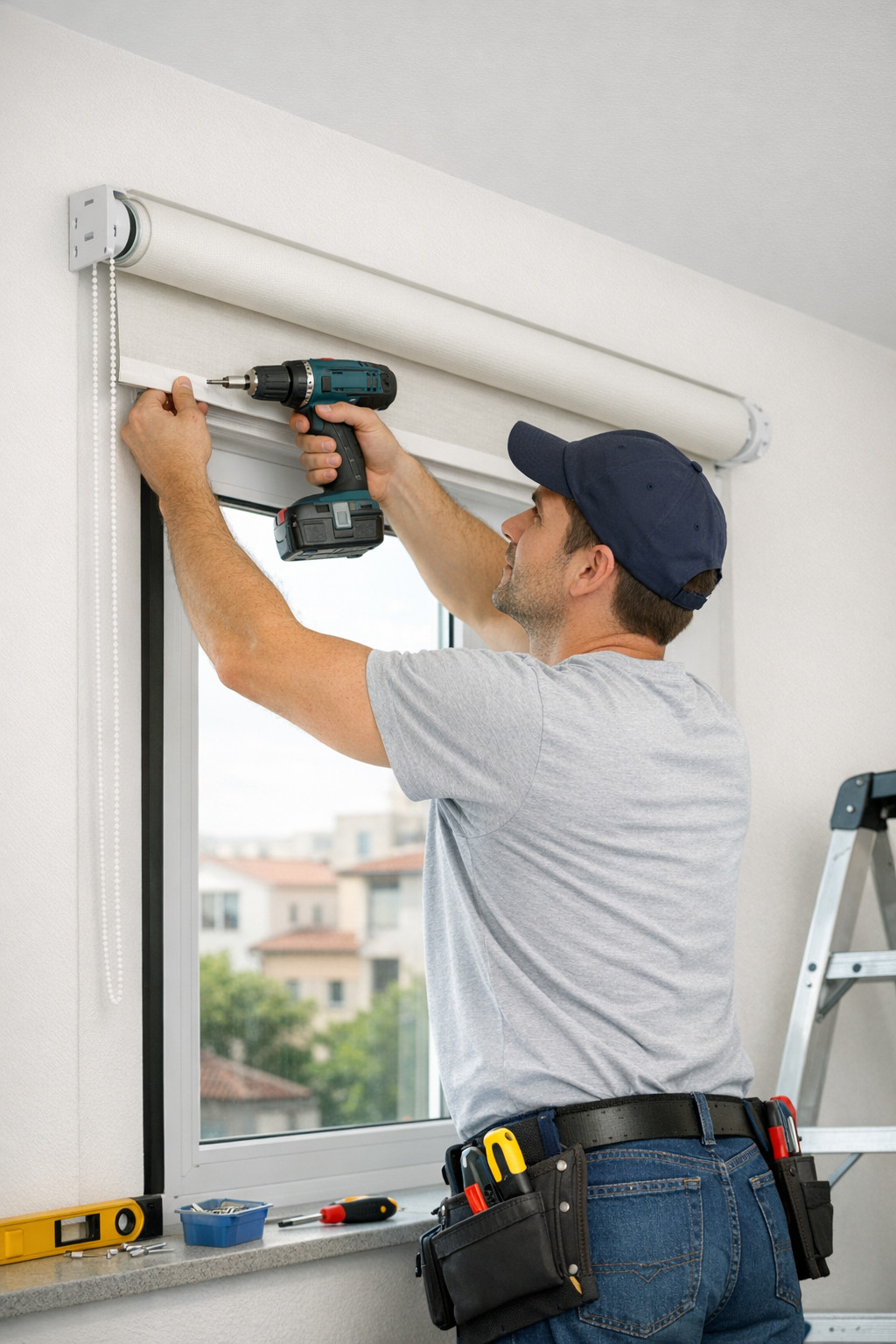 Professional installer fitting a custom roller shade at a window