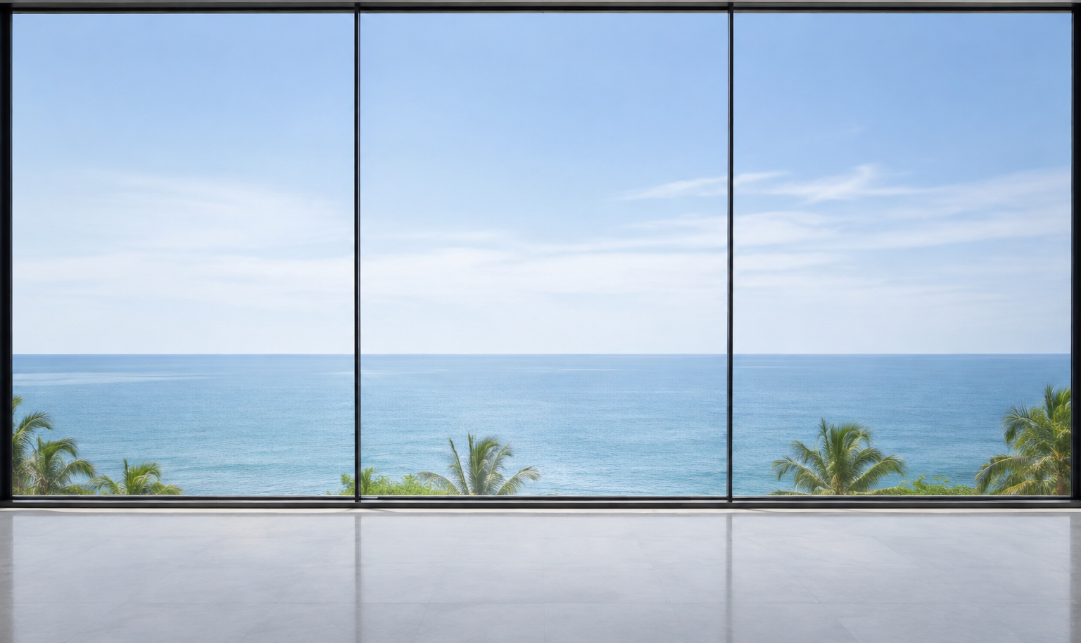 Clean floor-to-ceiling oceanfront window with no furniture